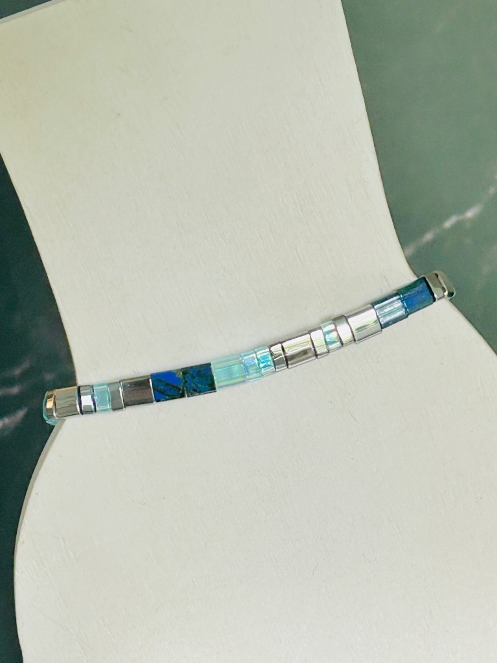 Skylar Paige Morse Code DREAM bracelet.  Made with Japanese glass Tila beads.